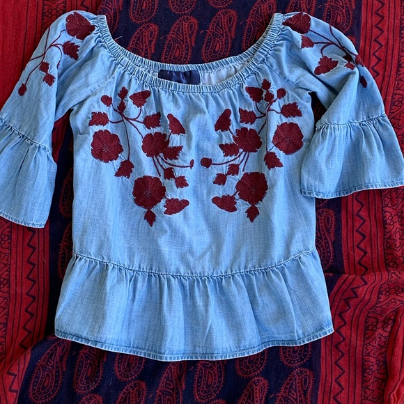 Dizzy Lizzy Tops - Dizzy Lizzy Denim Embroidered Peasant Top